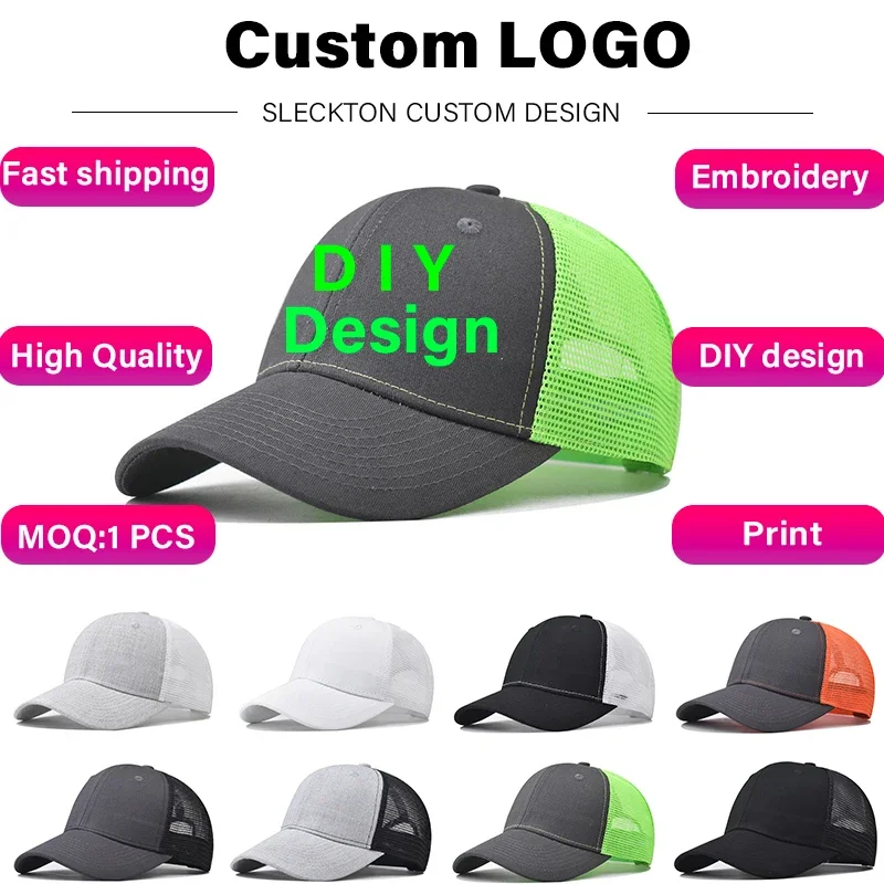 SLECKTON gorra de béisbol bordada personalizada para hombres y mujeres, diseño DIY, malla, logotipo impreso, sombrero de algodón de calidad, venta al por mayor, Unisex