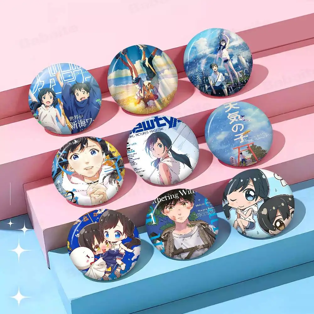 Anime Weathering With You 58mm Cute Anime Figure Icon Badge Handmade Tinplate Brooch For Backpack Clothes Chest Ornament Gifts