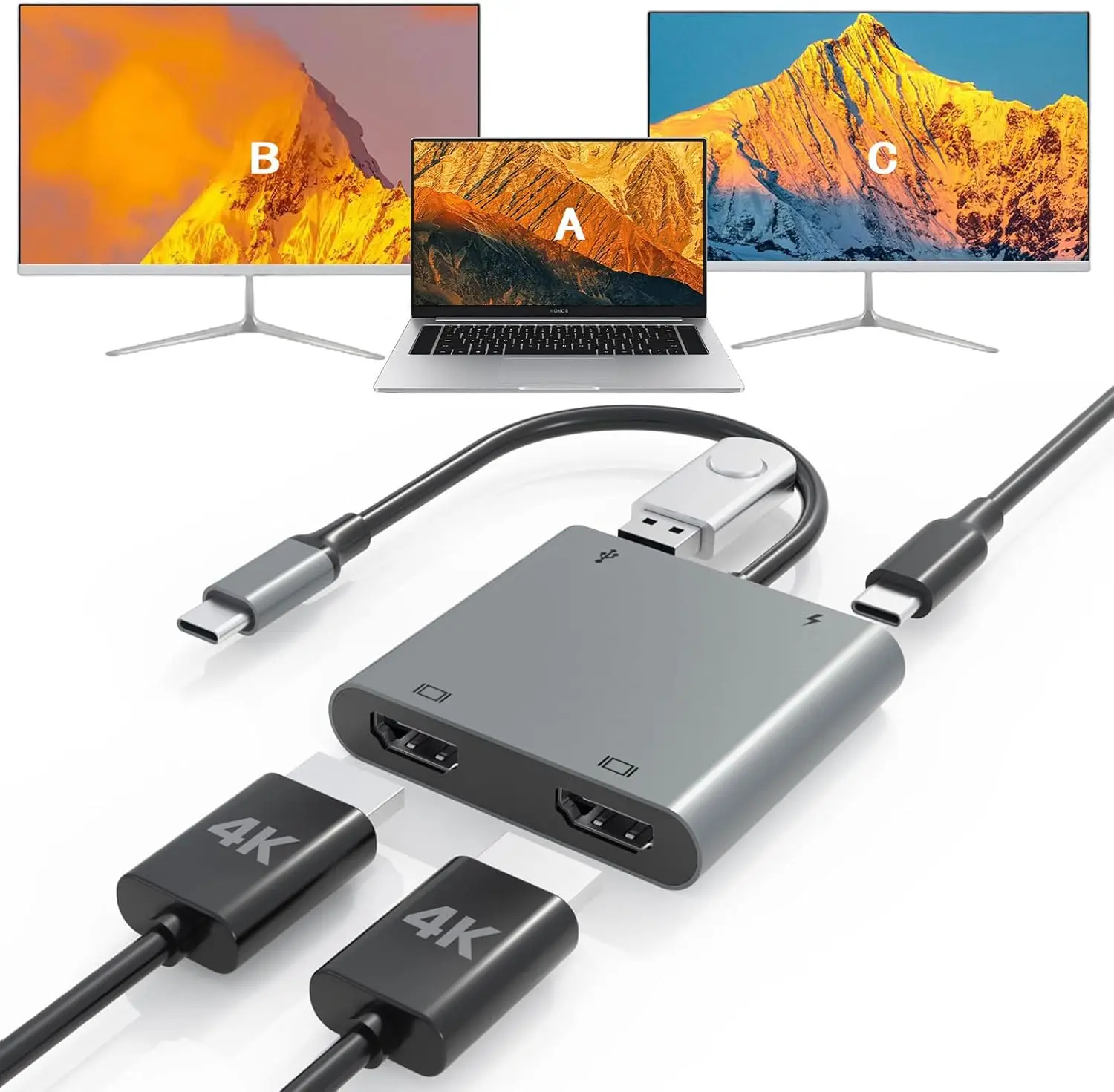 محول USB C إلى HDMI مزدوج، محول USB من النوع C إلى شاشة HDMI مزدوجة 4K@60HZ HDTV Splitter لجهاز MacBook Chromebook