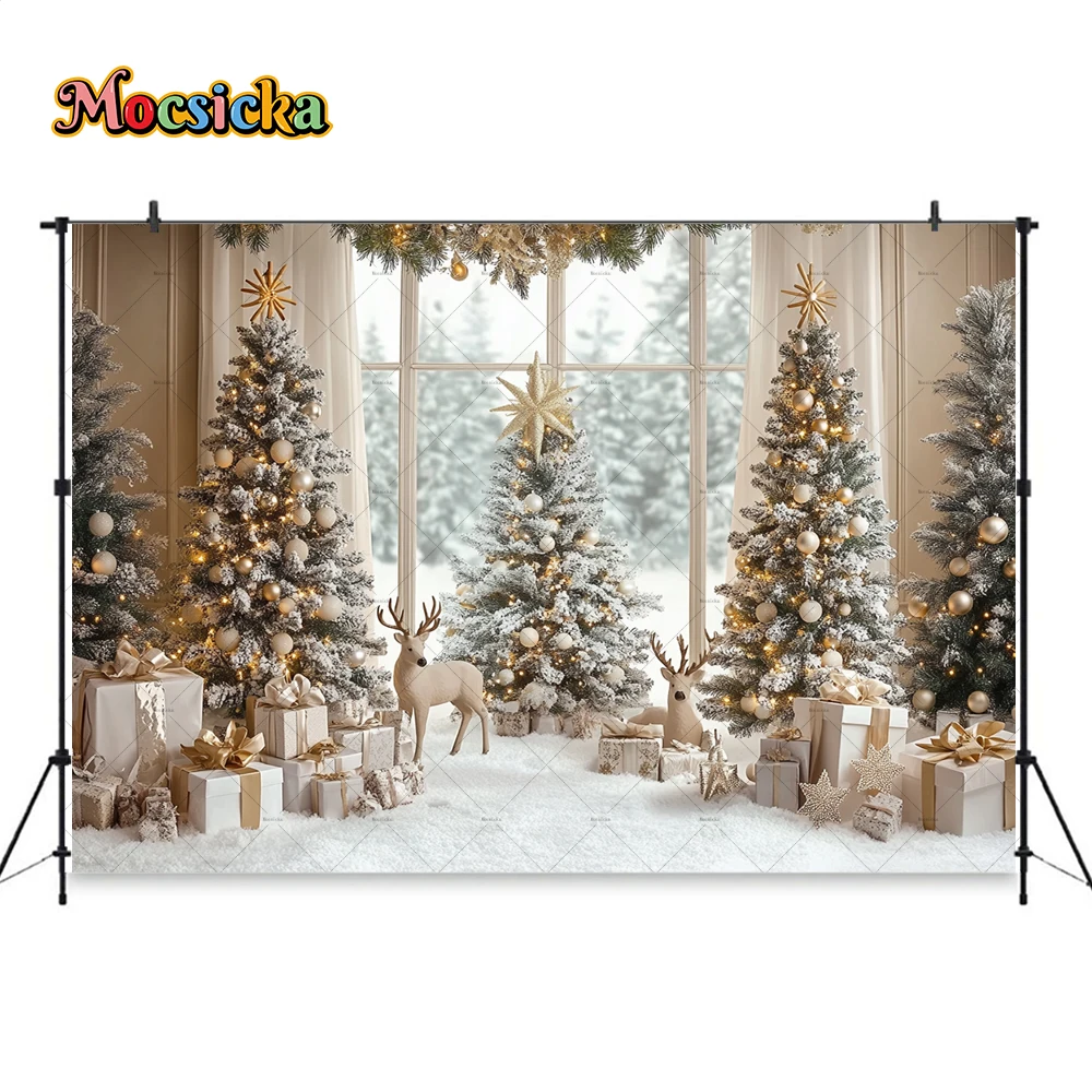 Mocsicka Christmas Room Photography Background Gold Xmas Tree Window Gift Elk Backdrop Decor Girl Child Birthday Photo Studio