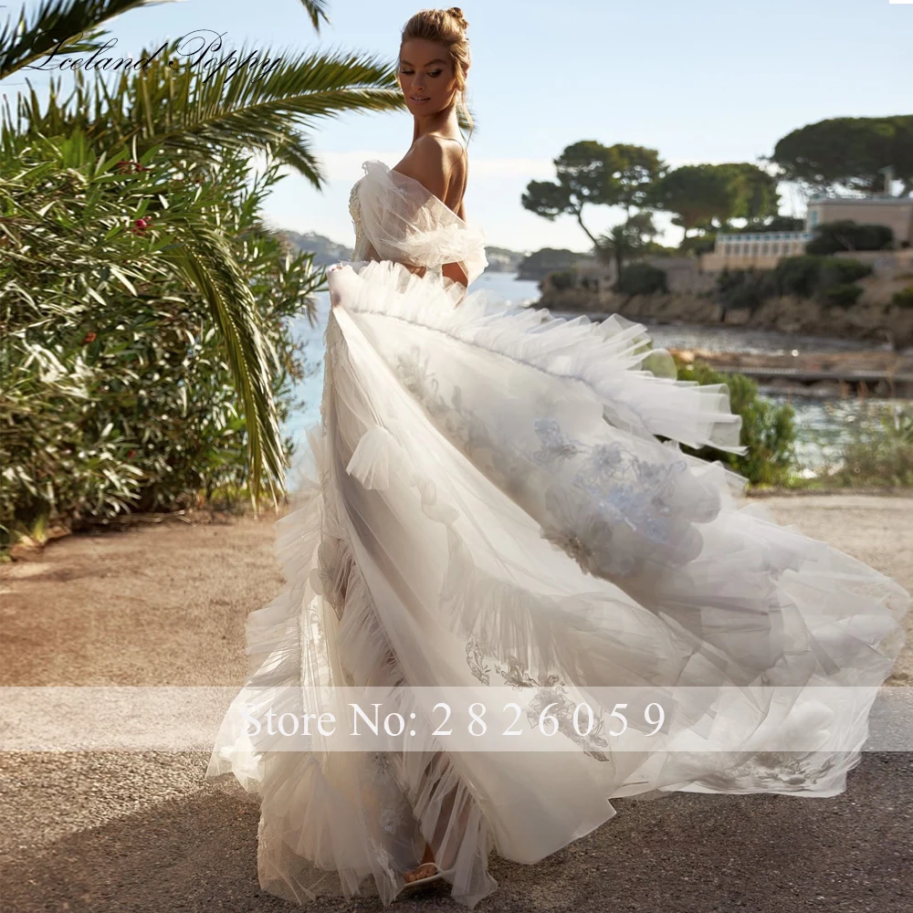 Lceland Poppy Customized Sexy A Line Illusion Tulle Wedding Dresses Off the Shoulder V Neck Bridal Gown with Flowers