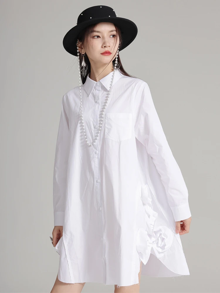 Women White Black Side Flower Big Size Long Blouse New Lapel Long Sleeve Shirt Fashion Tide Spring Autumn