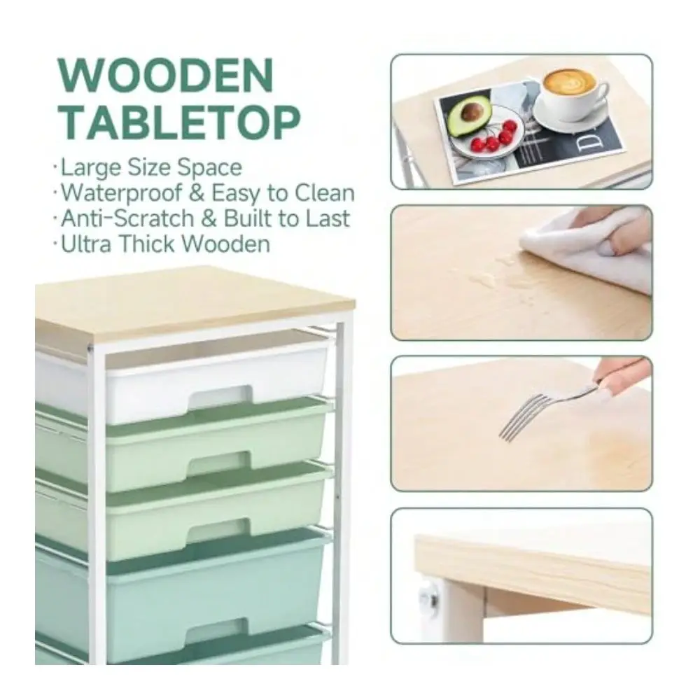 

Cart With 5 DrawersStorage Cart With Wooden Tabletop And Lockable Wheels Craft Storage Trolley Organizer 5Tier Rolling Utility