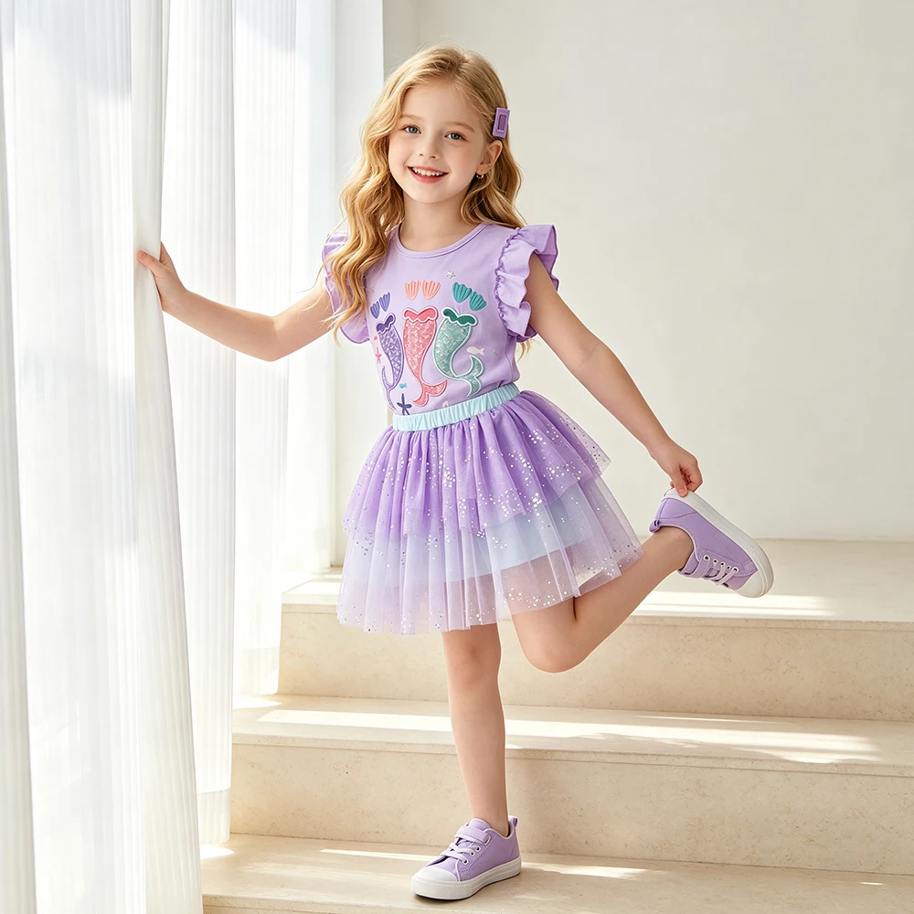 DXTON 2-teiliges Mädchen-Bekleidungsset, gerüschtes ärmelloses Kinder-Top + Netzrock, Sommer-Baumwoll-Kinderanzüge, Urlaubs-Outfits für Mädchen im Freien – Detail 3