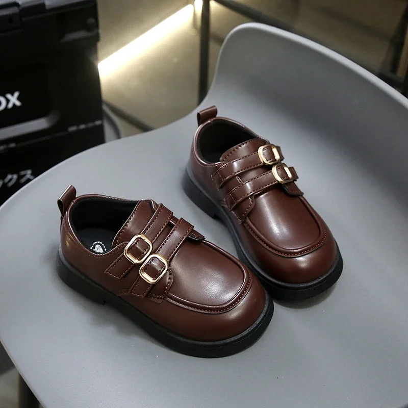 

Kids Leather Shoes British Style Retro 2025 New Fashion Students Uniform Shoes Black Soft Sole Children Flats Non-slip Classic