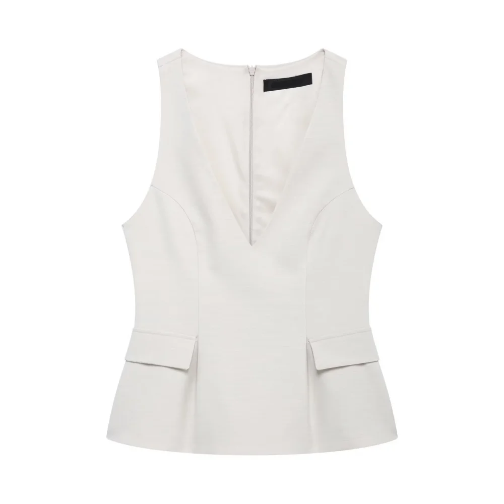 

2025 BM&MD&ZA Women's Sleeveless Top Deep V - neck with Zipper Detail and Functional Pockets Flared Hem Design