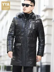Winter Real Sheepskin Overcoat Men Zipper Thick Warm Hooded Genuine Leather Down Coat Plus Size 5XL Streetwear Casual Coat Men