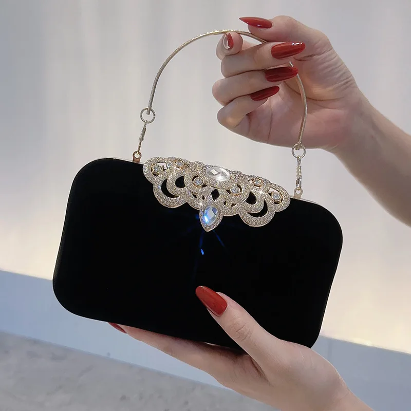 

Elegant Velvet Evening Clutch Bag for Women Diamond Decor Square Handbag Wedding Party Purse Luxury Small Lady Shoulder Bag