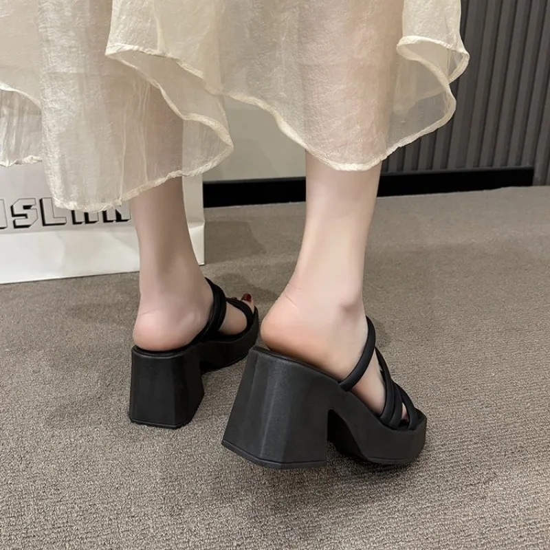 Fashionable High-Heeled Sandals Women's Summer Thin Strap Outer Wear Thick Bottom Drag Shoes Southeast Asia Beach Sandals