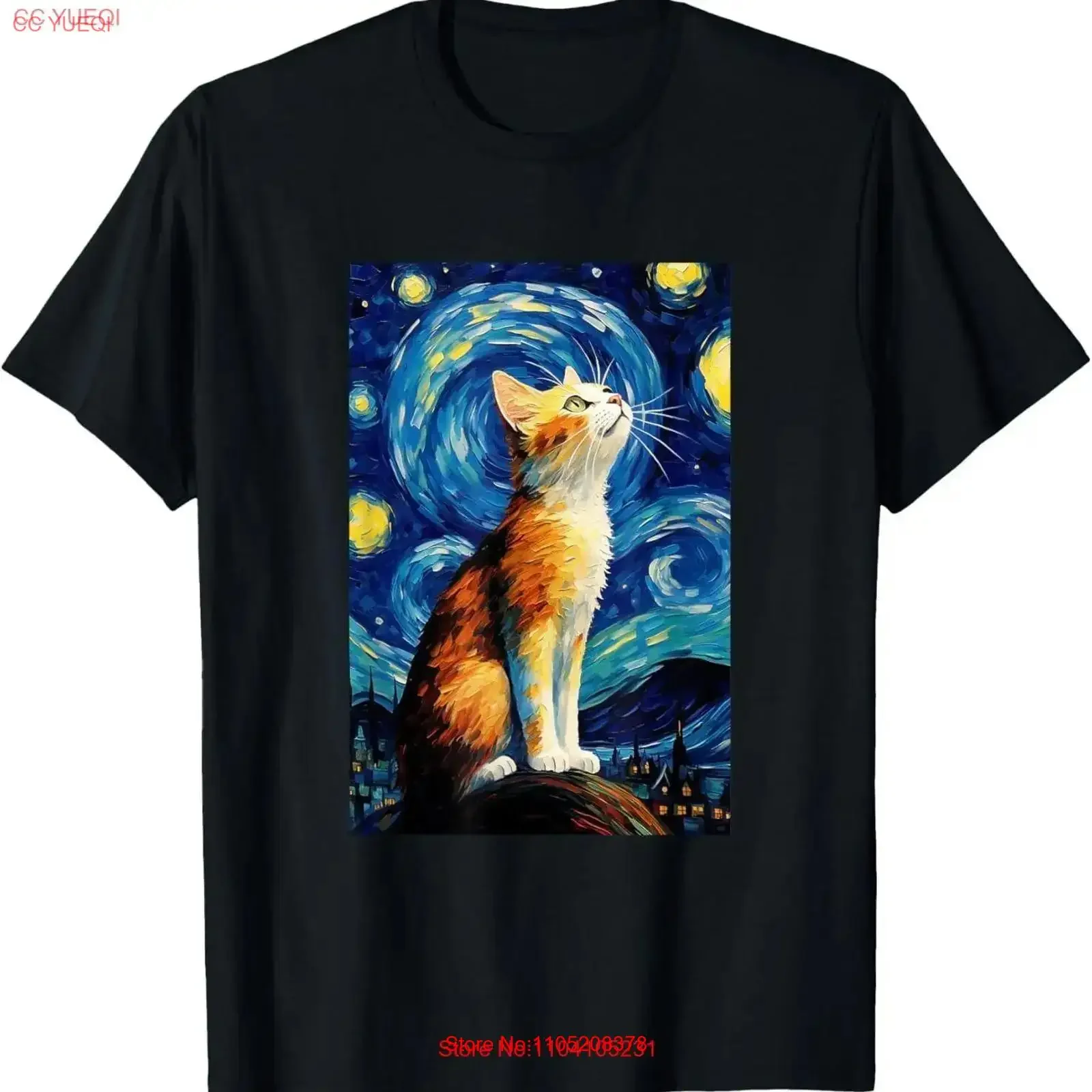 Cute Cat Van Gogh Style Starry Night T Shirt  vintage Washed Slightly designer clothes Stylish Comfortable