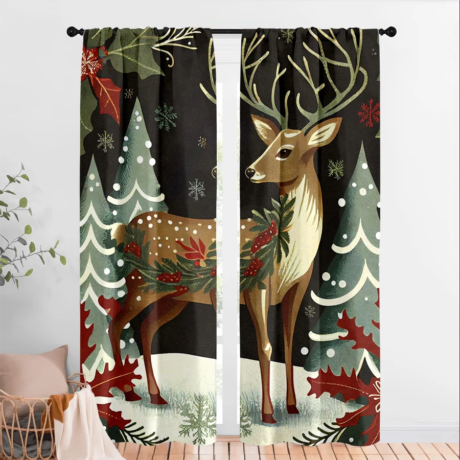 2PCS Christmas Winter Curtains, Vintage Deer Pine, Digital Print, Bedroom Living Room Kitchen, Rod Pocket Polyester, Home Decor