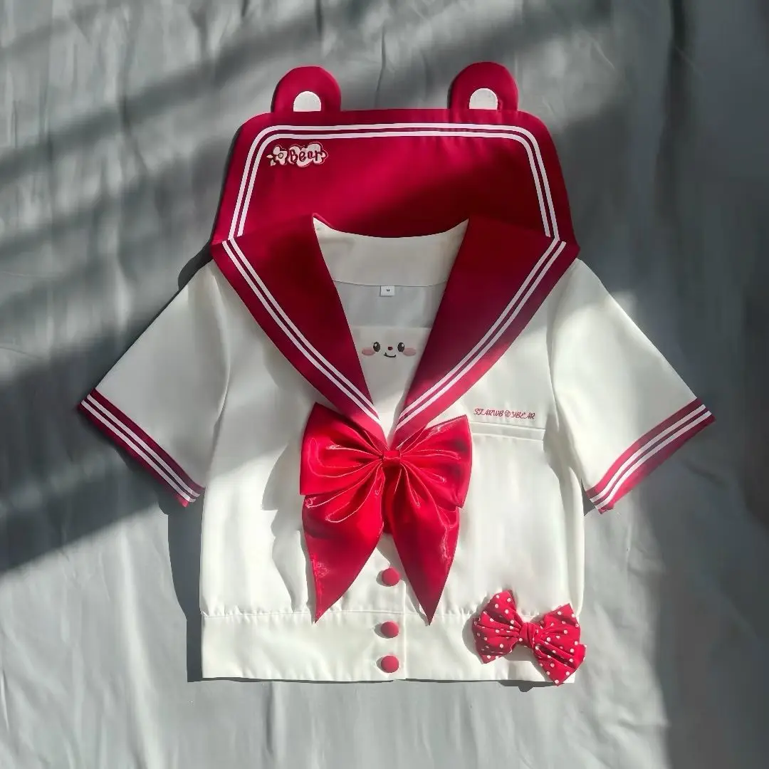 Rode beer patroon JK afslankuniform Japanse stijl taille-cincerend matrozenpakje College lange set met korte mouwen Authentiek schattig