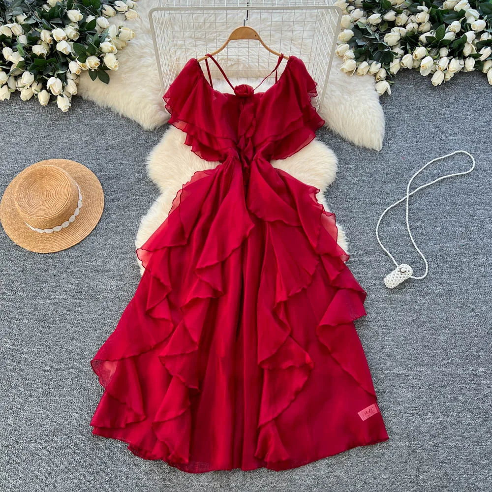 

Women Dresses Solid Camisole Dress 3D Floral Ruffle Hem Round Neck Ankle Length Sleeveless Elastic Cinched Waist 2025 Summer