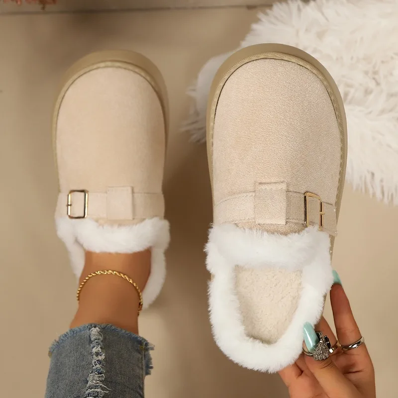Winter Women's Solid Color Vintage Comfortable Mid Heel Cotton Slippers New Women Keep Warm Anti Slip Fashionable Cotton Slipper