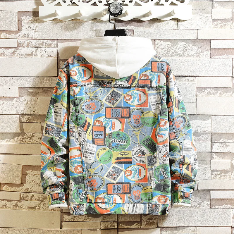 

Spring Autumn Men's Clothing Graffiti Camouflage Multicolor Large Size Coat Pockets Spliced Denim Top Fashion Casual Men Jackets