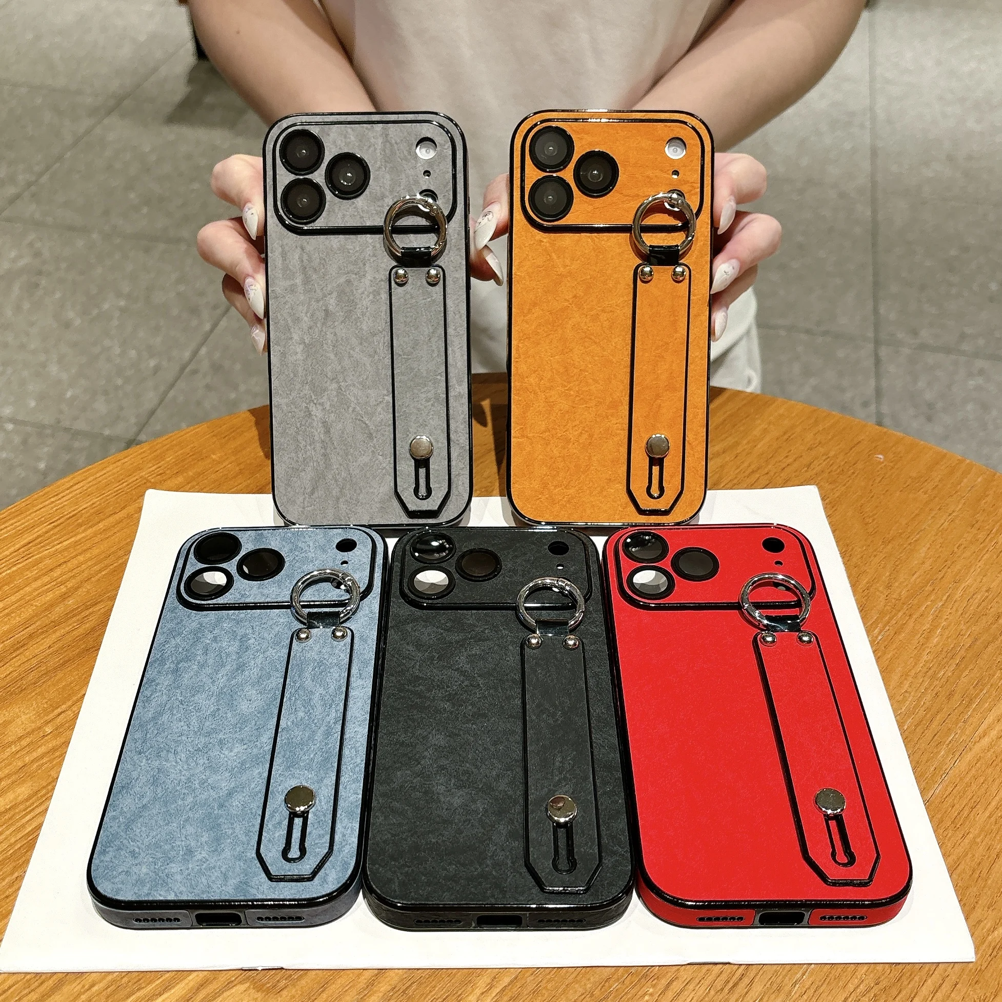 

Shockproof Leather Uneven Hand Strap Case For iPhone 17 Pro Max 16 15 14 13, Wristband Window View Camera Protection Phone Cover