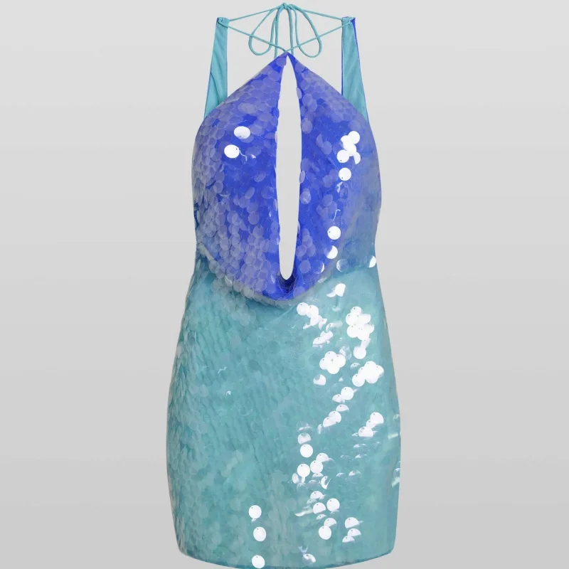 ผู้หญิงเลื่อมSparklyชุดมินิเซ็กซี่Hollow Out Backless Y2K HalterคอชุดGlitter Party ClubชุดBodycon Vestido