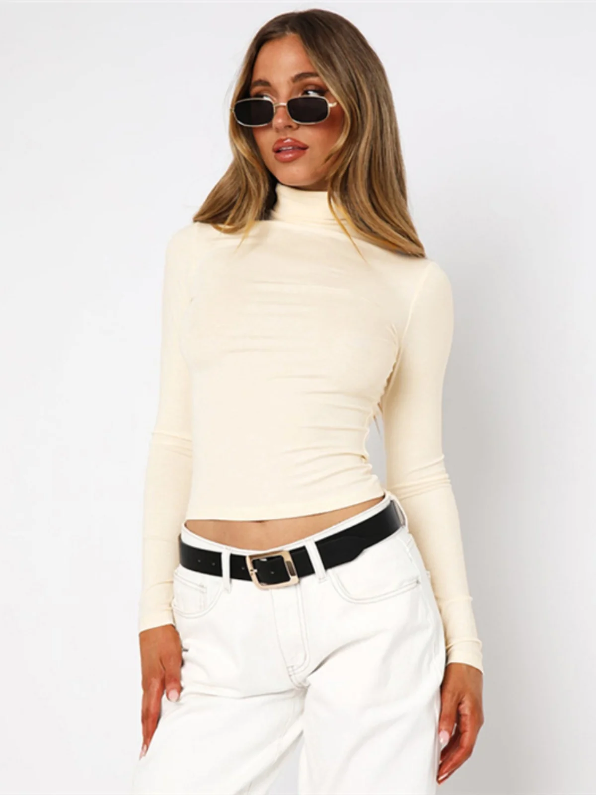 Slim Fit Casual  Color Long Sve High Collar T irt Women's Sexy Top Street Sle Faion Chinese Brand ex Clothing