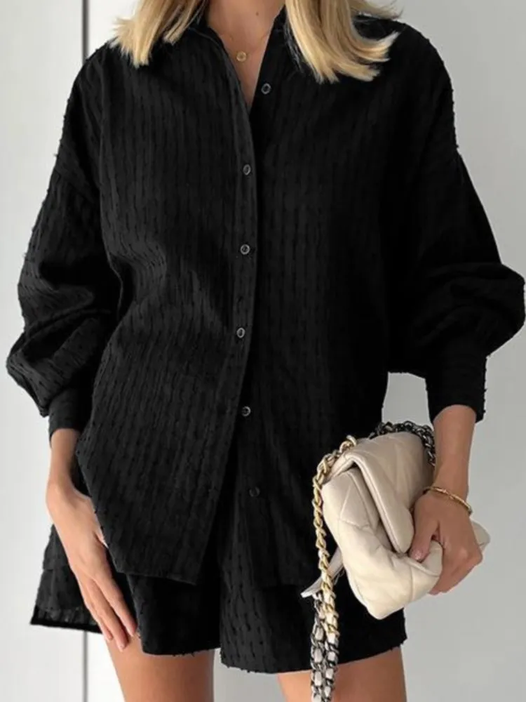 

Casual Solid Two Piece Outfits Woman Fashion Long Sleeve Shirts Tops+Shorts Set Lady Holiday Streetwear Womens Clothing New 2025
