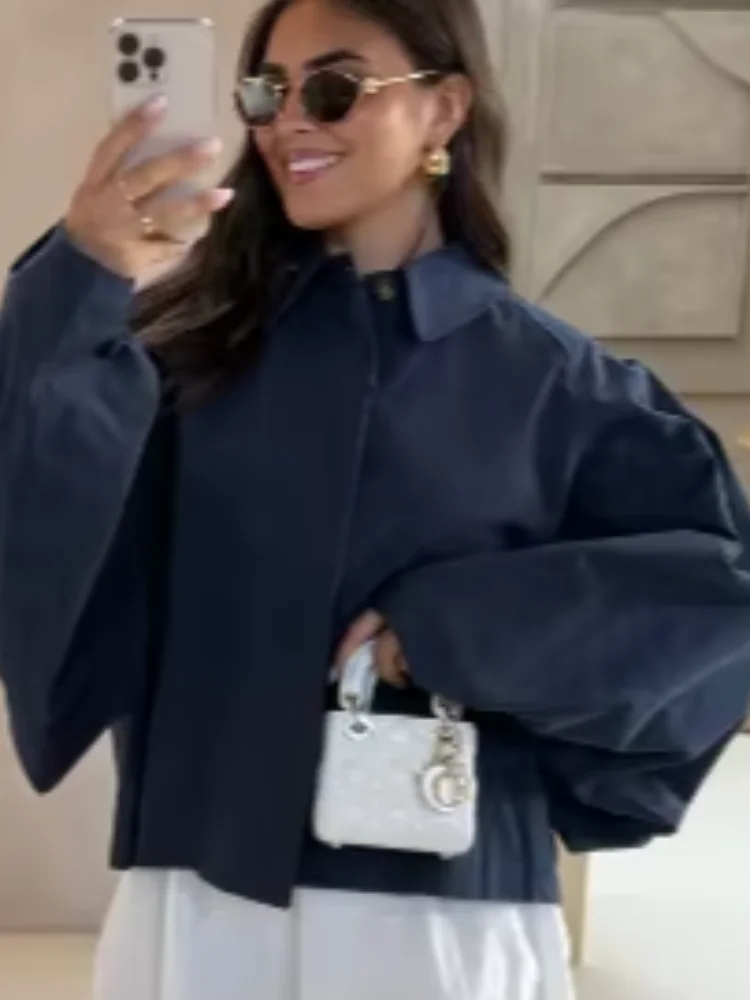 

Single Breasted Casual Blue Trench Coat Women Chic Lapel Collar Oversize Short Windbreaker Jacket Autumn Lady New Daily Outwear