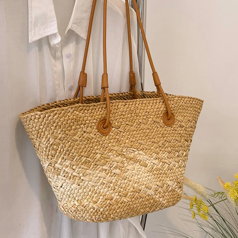 Colorful Straw Basket Bag Casual Large Capacity Tote Bag Summer Beach Shoulder Bags Big Bucket Handbags Weave Vacation Bag 2024