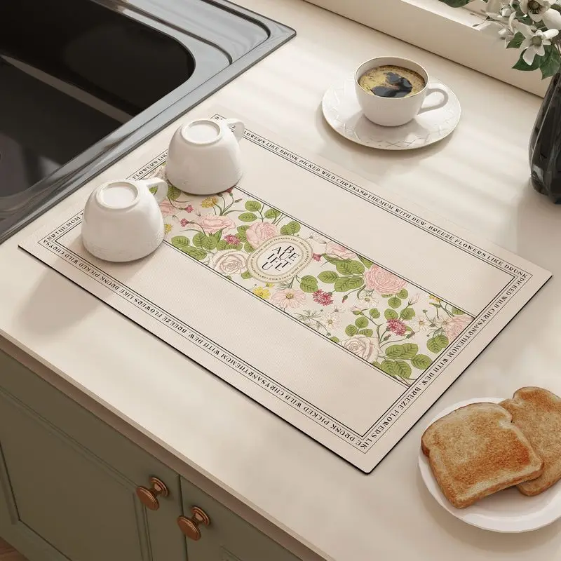 VIKAMA Vintage Floral Tableware Drainer Mat Absorbent Non Slip Coffee Maker Mat Rustic Kitchen Countertop Quick Dry Decor