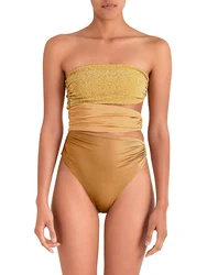 Gold Strapless Tube Top Elegant Bikini Hollow One-Piece Swimsuit High Waist Open Back Sexy Gathered Swimwear Push-Up 2022