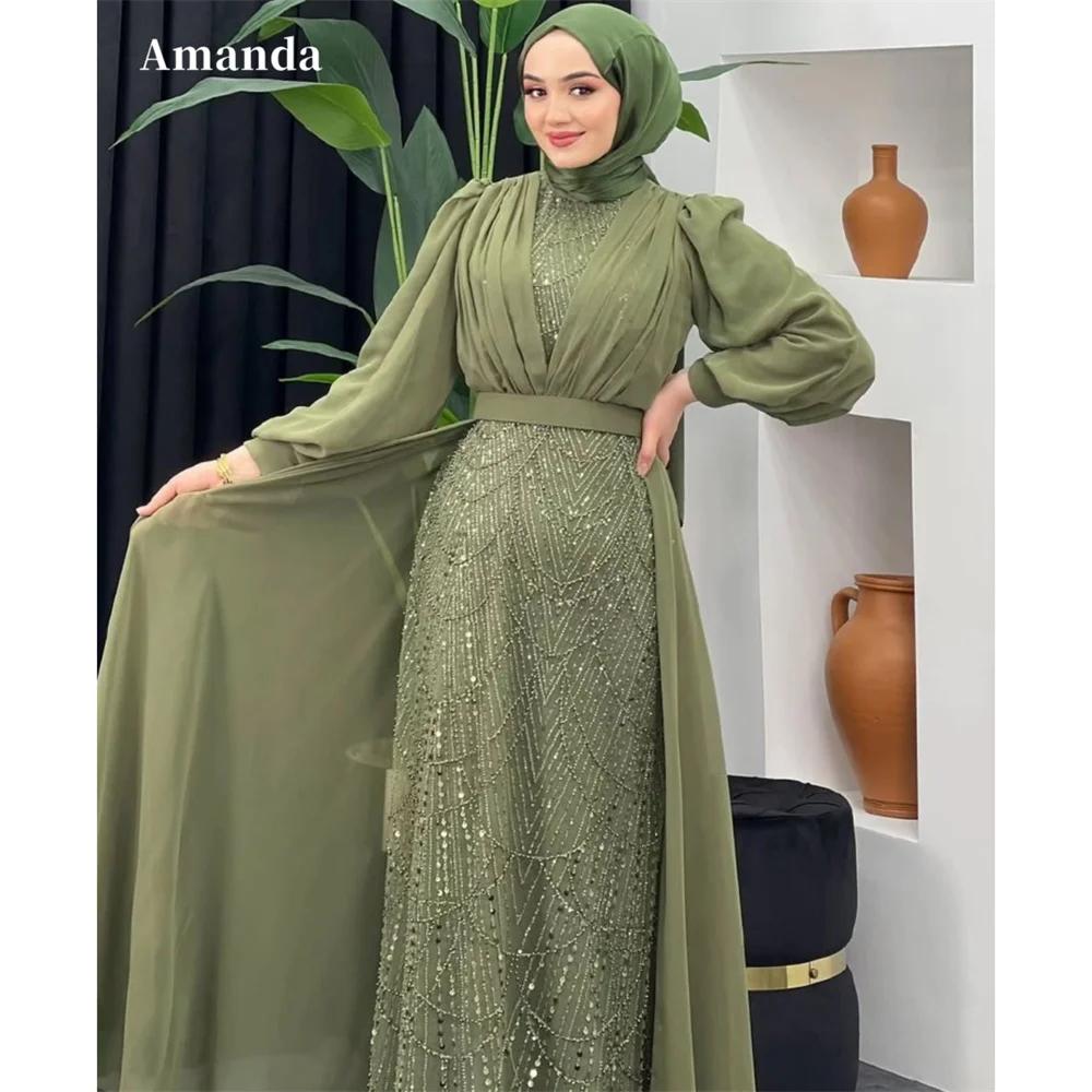 

Amanda Customized Mermaid High Neck Beaded Prom Dresses Hijab Empire Waist vestidos de noche Elegant Puff Sleeve Formal Evening