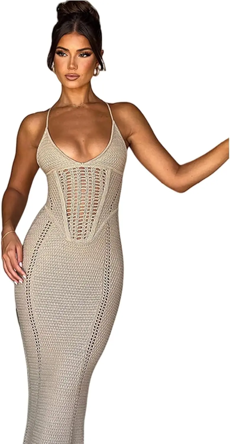 Women's Crochet Knitted Halter Maxi Dress Sexy Hollow Out V-Neck Lace Up Backless Bodycon Beach Holiday Long Dress Hot dress