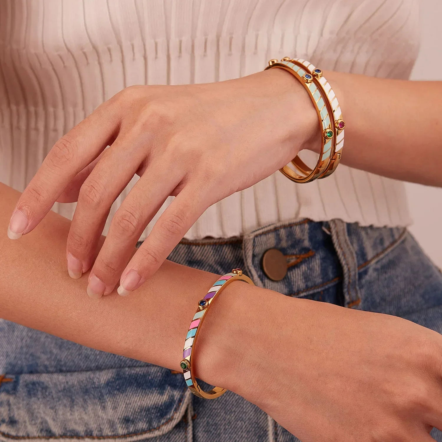 Light luxury design titanium steel candy colour striped inlaid zirconia stainless steel bracelet ladies fashion stackable color