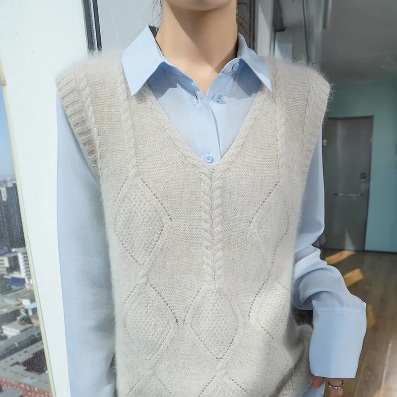 New Autumn Winter 100% Mink Cashmere Knitted Sweater Waistcoat Women's V-neck Sleeveless Pullover Casual Fashion Knit Vest