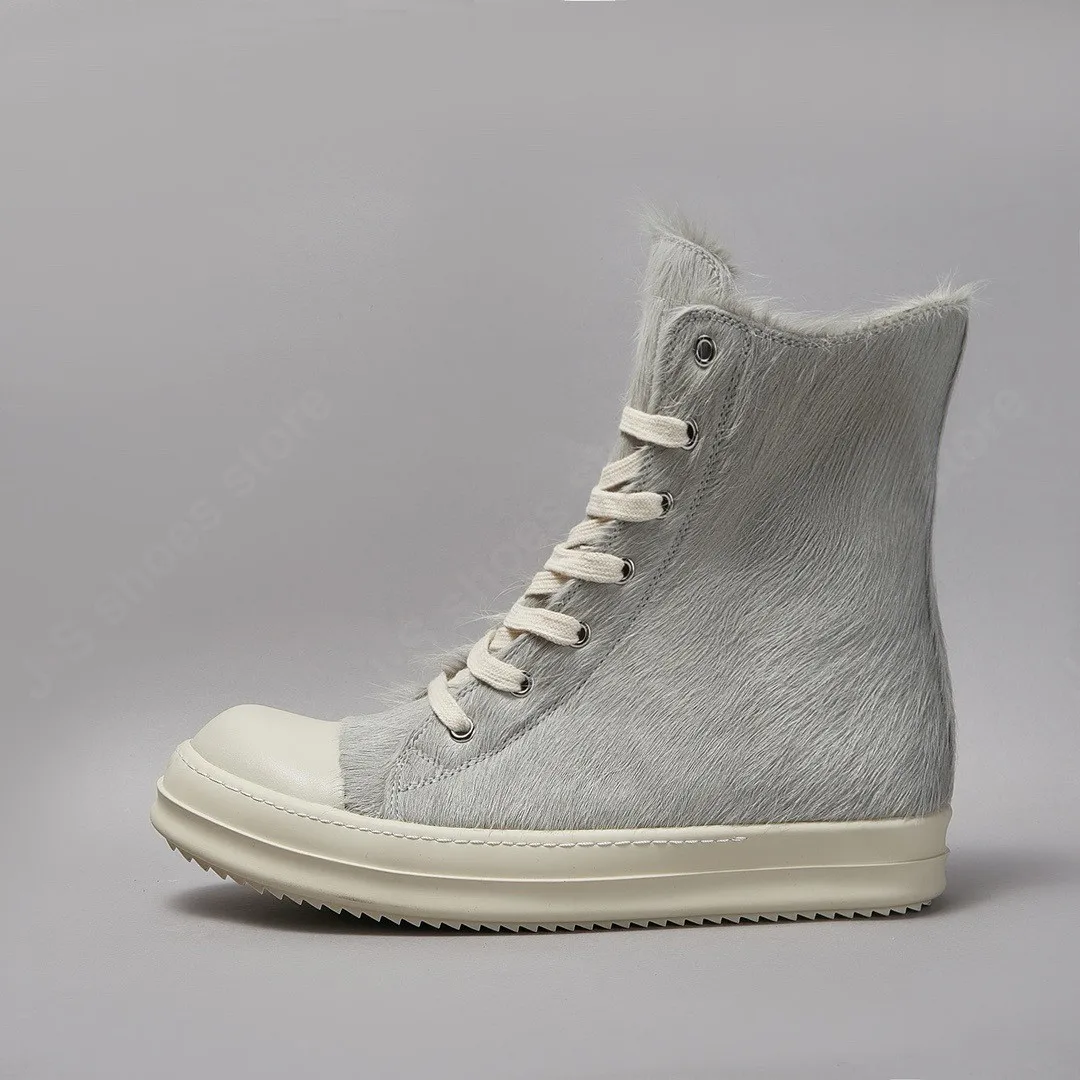 Ricks-zapatos Owens de diseño clásico para hombre y mujer, zapatillas altas de pelo de caballo, zapatos de crin grises con cremallera y cordones, zapatillas planas exteriores