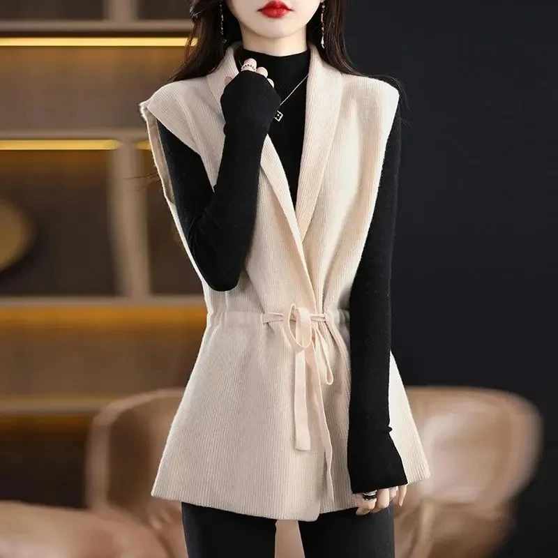 2023 New Autumn Winter Fashion V-Neck Knitt Vest Jacket Women Mid Long Loose Sleeveless Waistcoat Cardigan Waist Coat Female