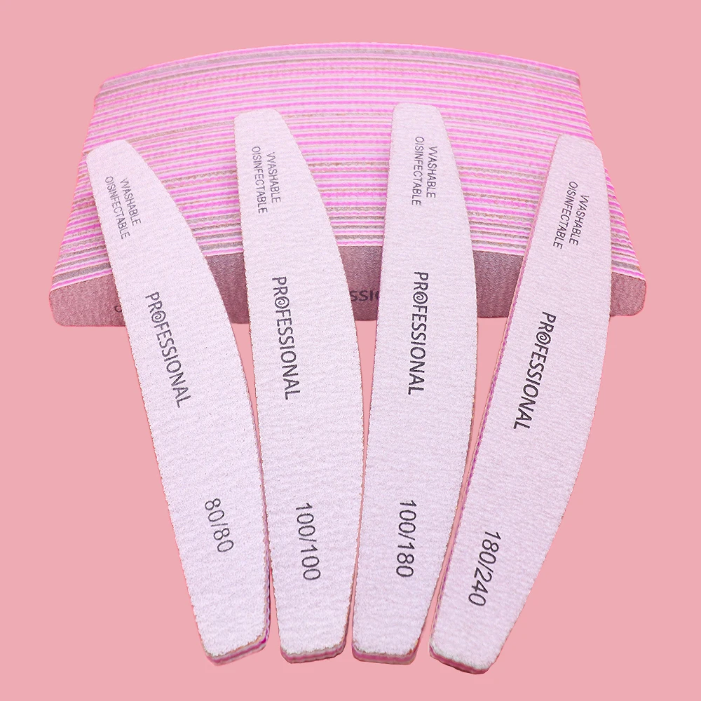 Profissional lavável unhas limas, meia lua forte lixa, durável unhas ferramentas, manicure suprimentos, 100 a 180, 50, 25 pcs por pacote