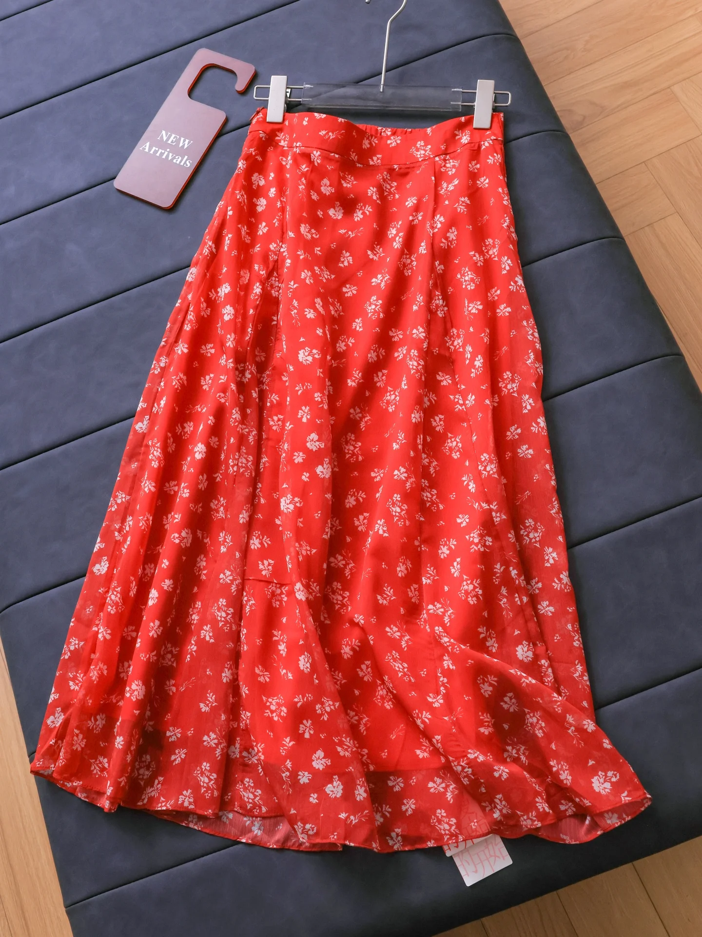 

Red Floral Chiffon Skirt Half Elastic Waist Draped Elegant Romantic A-Line Long Women's Midi Skirt Polyester Fiber Printed