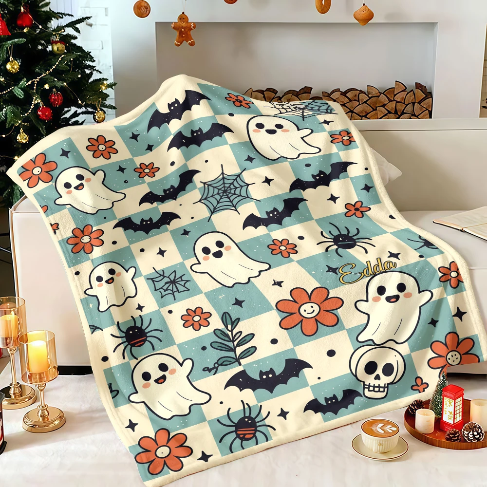 Halloween Checkered Cute Ghost Bat Flannel Blanket Soft Fuzzy Plush Cozy Warm Throw for Sofa Bed Couch Home Decor