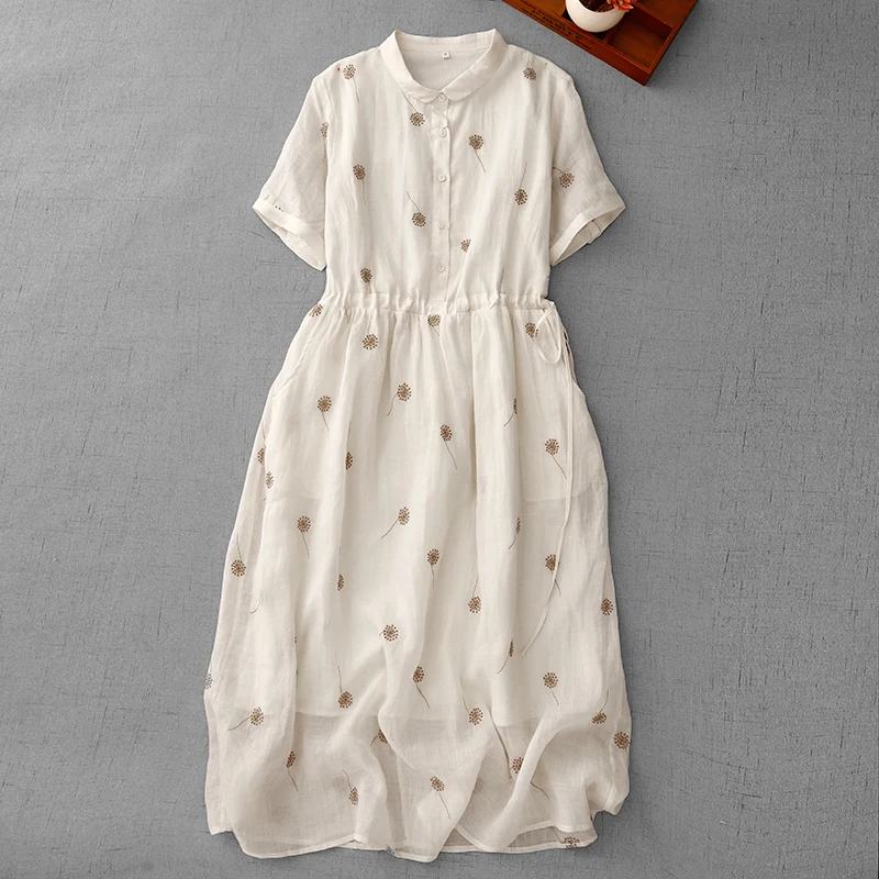 

Embroidered Shirt Dress Women's Summer Cotton Linen Ramie Loose Long Dress Casual Streetwear