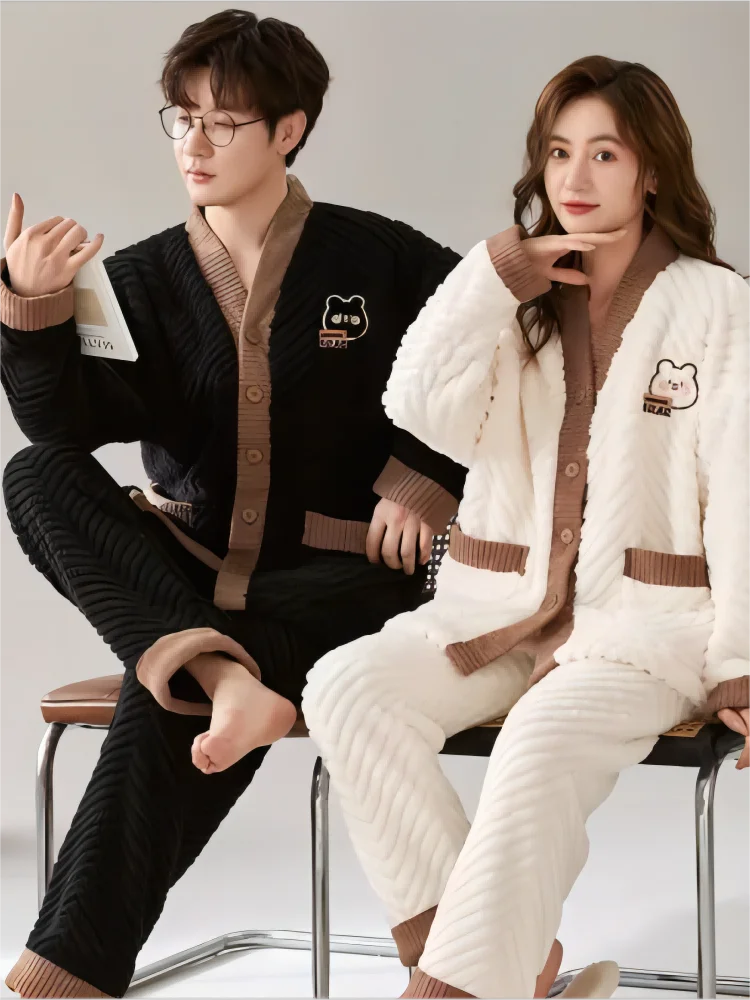 Couple Look Pijama Room Wear Winter Warm Sleepwear Big Size Pajamas Man Woman Set Korean Style Two Piece Nighty Dress Romantic