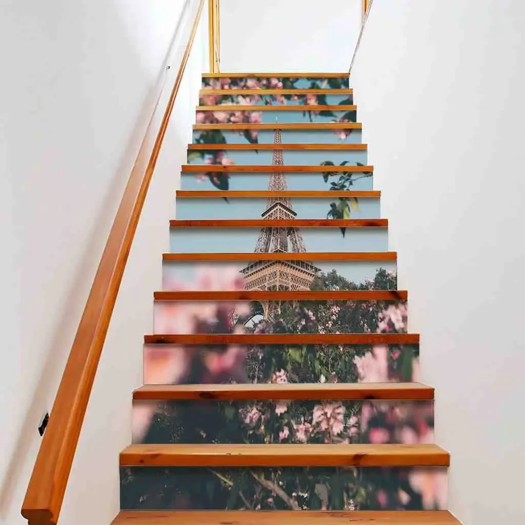 Eiffel Tower Stair Stickers Cityscape of Paris France Staircase Riser Mural World Famous Sites Self-Adhesive Stair Decals Decor