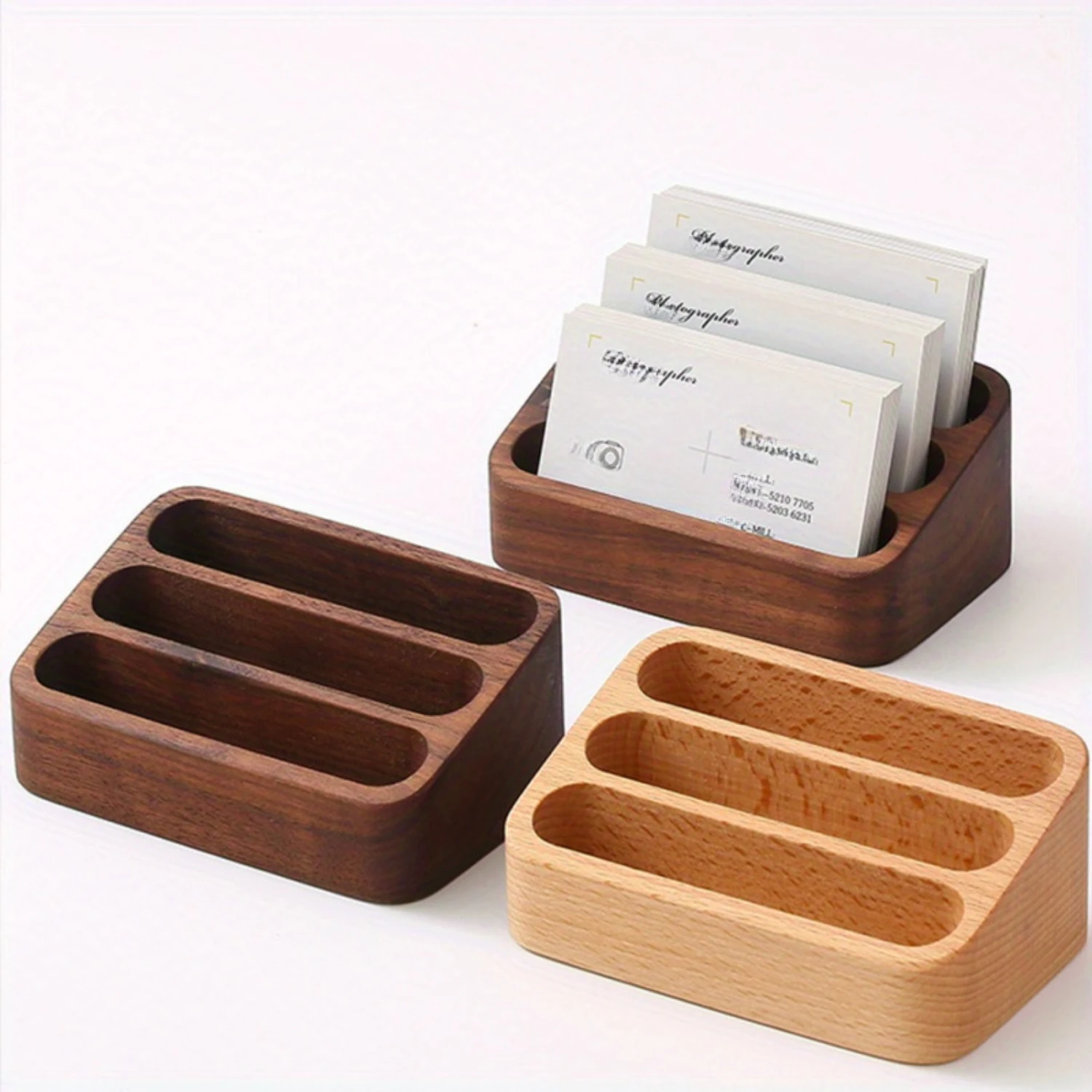 Solid Wood Desktop Business Card Display Stand Memo Holder Box- Beech Wood Card Organizer for Office - 1pc