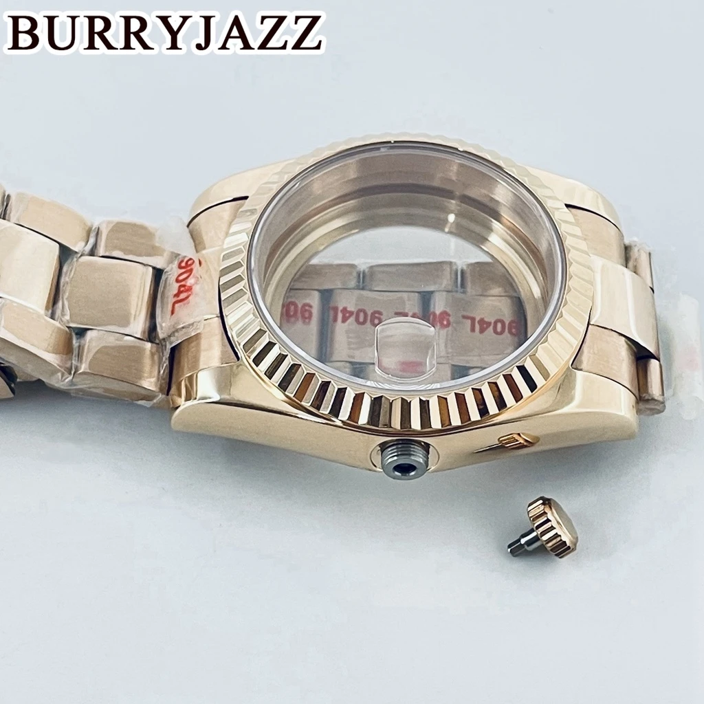 حافظة ساعة من الذهب الوردي من Burryjazz ، حافظة من الفولاذ المقاوم للصدأ ، كريستال ياقوت مقاوم للماء ، 36 من من ، 40 ، NH34 ، NH35 ، NH36 ، NH38 ، PT5000 ، ETA2824