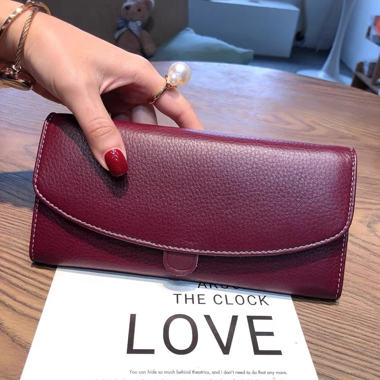 new-pure-color-women's-long-wallet-top-layer-cowhide-leather-large-capacity-multi-card-position-buckle-handbag-fashionable