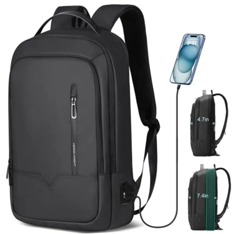 

Slim Expandable Laptop Backpack for Men, 15.6 Inch Business Work Backpack with USB Charging Port, Water-Resistant Computer Back