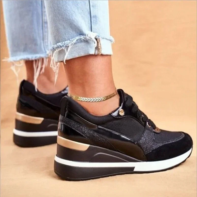 Autumn Winter New Color Matching Spring Low-top Daily Black Gold Breathable Round Toe Women Slope Heel Casual Female Shoes