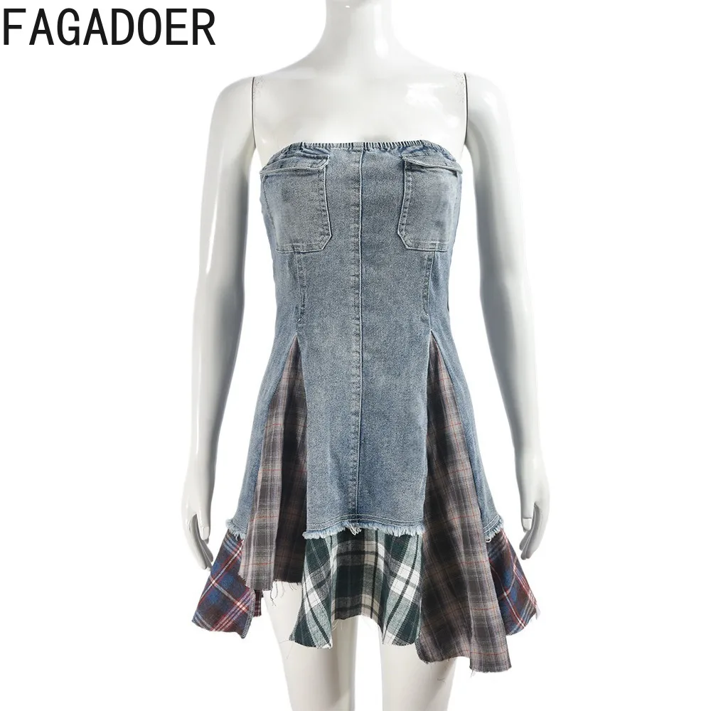 FAGADOER Fashion Y2K Plaid Splicing Irregular Denim Dresses Women Off Shoulder Sleeveless Backless Tube Dress Sexy Streetwear