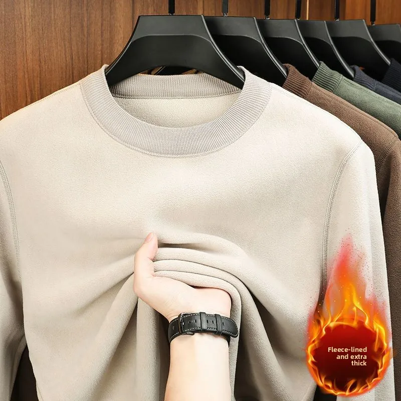 Men's Bottom Shirt Thermal Underwear with Velvet Padded Warm Solid Pullovers Autumn Winter Thick Bottom Casual O-Neck Sweater