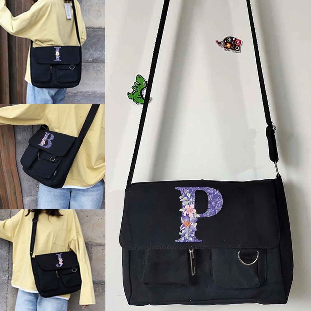Women Canvas Shoulder Bags Youth Fashion Casual Handbag Large Capacity Ladies Crossbody Bags Purple Flowe Letter Messenger Bag