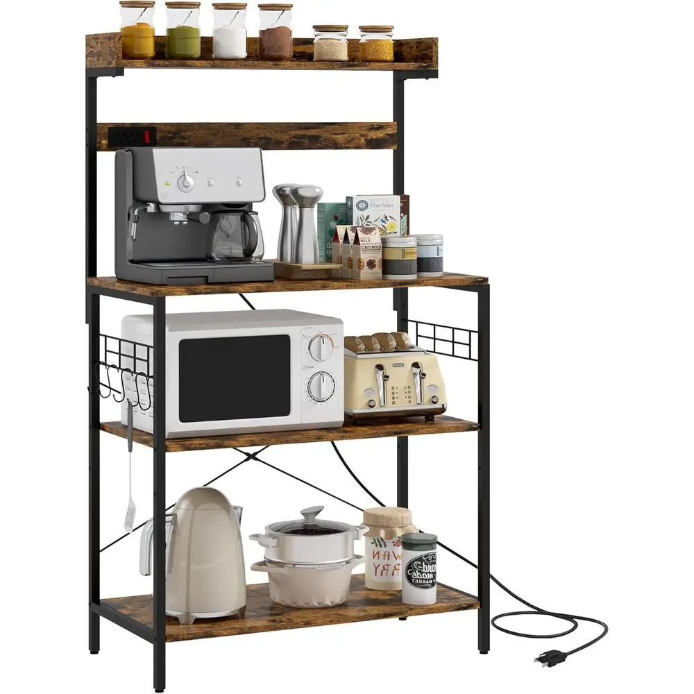 Rustic Brown Kitchen Baker's Rack with Power Outlet, Microwave Stand, Adjustable Shelves, Hooks for Spices & Pots