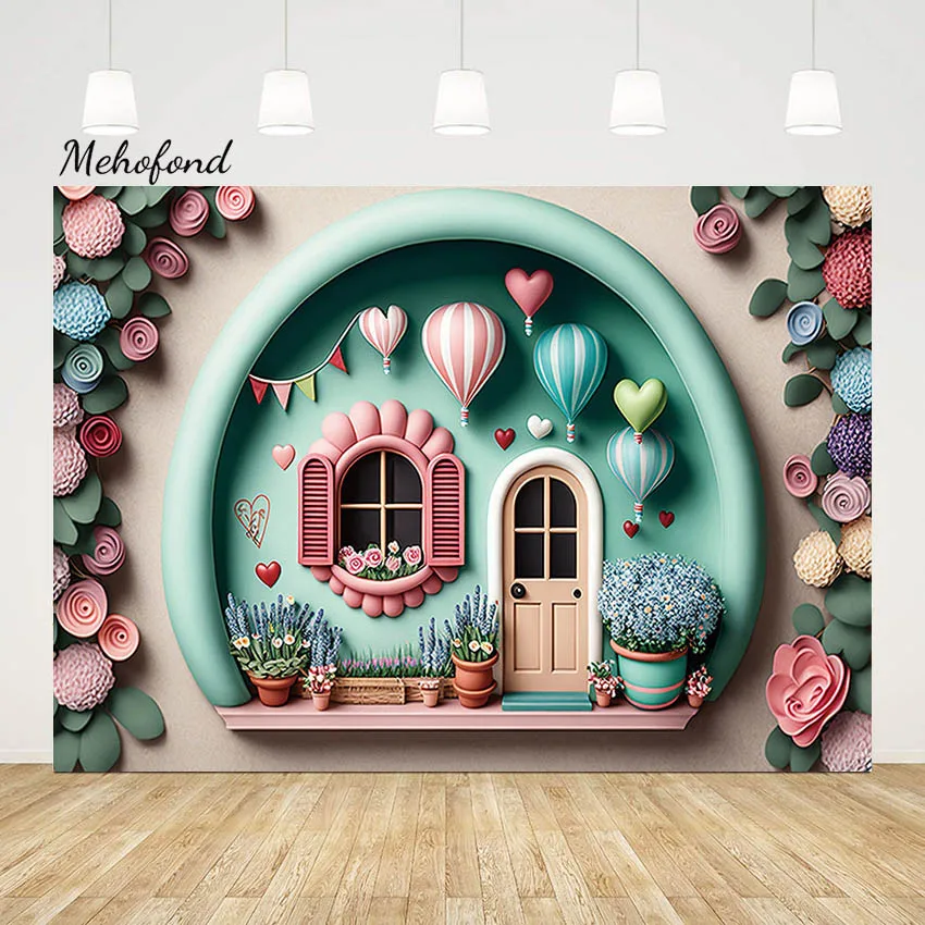 

Mehofond Photography Background 3D Cartoon House Child Birthday Party Hot Balloon Decor Family Photocall Photo Studio Backdrop