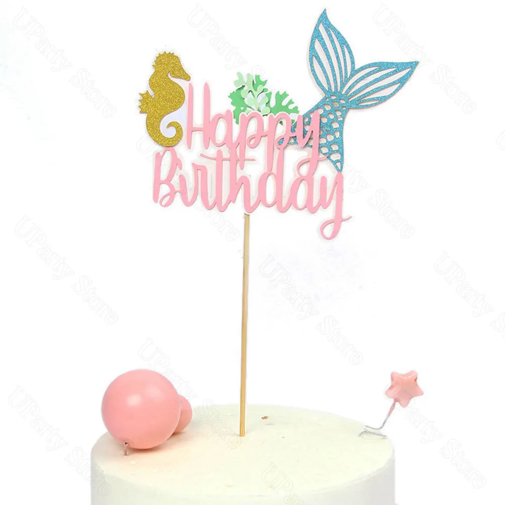 7Pcs/Set Mermaid Happy Birthday Cake Toppers Purple Pink Sea Shell Mermail Tail Cake Toppers for Mermaid Birthday Cake Decortati